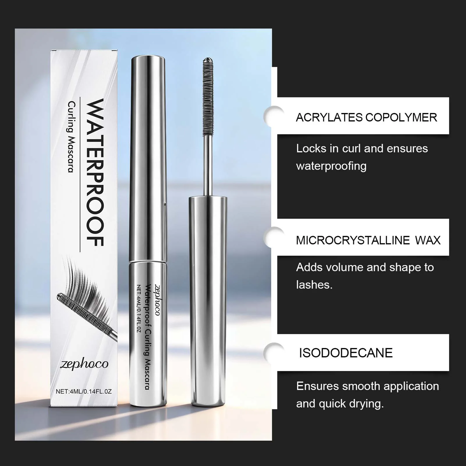 Mascara arricciacapelli, potenziatore delle ciglia impermeabile a lunga durata, strumenti per il trucco degli occhi con volume spesso per l'allungamento delle ciglia a prova di sbavature