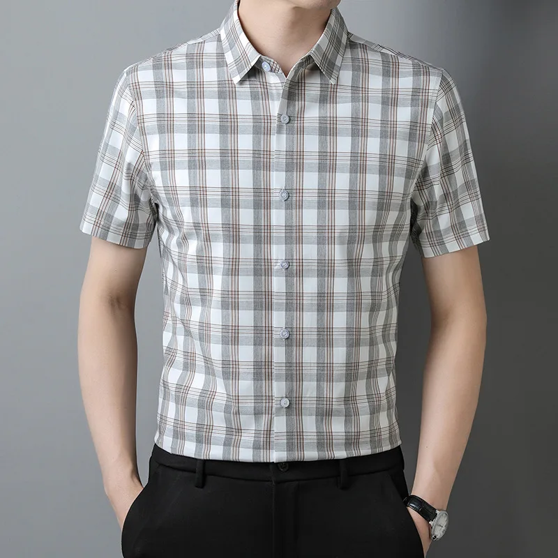 

New Men's Shirt Non-Ironing Spring and Summer High-End Cotton Plaid Business Shirt Men's Big Brand Same Style