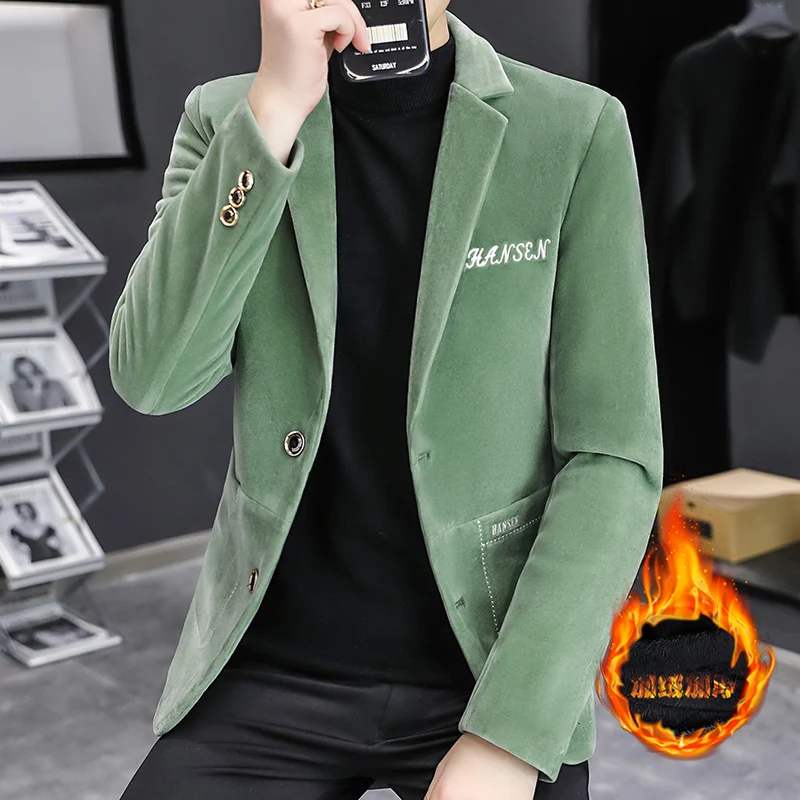 

Роскошный бархатный пиджак для мужчин, осень-зима, плотные и теплые облегающие повседневные пиджаки, деловые офисные свадебные платья, пальто