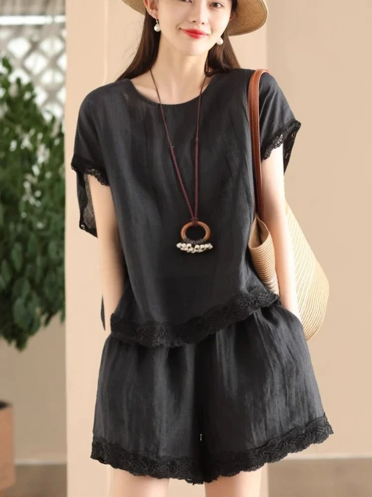 

Рабочая одежда Летние женские короткие комплекты из 2 предметов Хлопково-льняная однотонная футболка Дешевые предложения Мода 2025 Новинка в комплекте Женские шорты