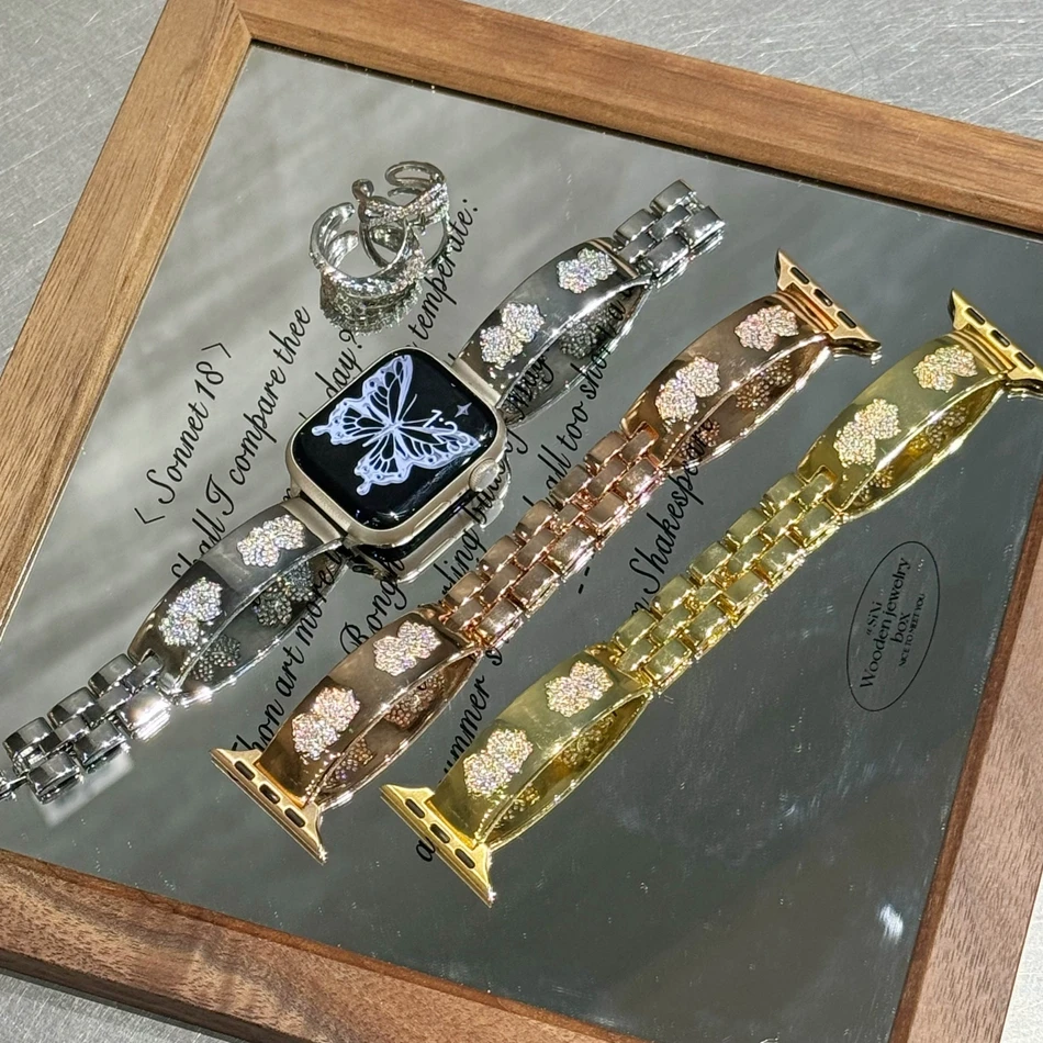 سوار مجوهرات فاخر لساعة Apple Watch Band 38 مم 40 مم 41 مم 42 مم 44 مم 45 مم 46 مم 49 مم iWatch Series 10 9 8 7 6 5 4 3 2 SE Ultra Butterfly Diamond Strap。。。