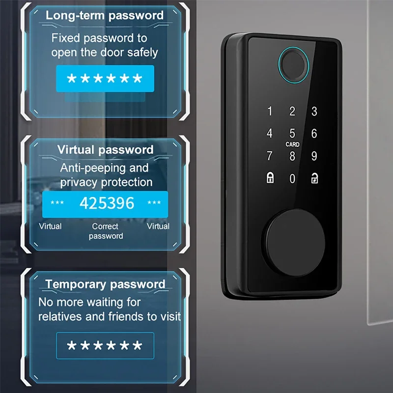 قفل ديدبولت ذكي ببصمة الإصبع مع مزلاج/مستشعر الباب TT قفل التطبيق كلمة المرور/البطاقة/مفتاح فتح قفل الباب الخشبي الكهربائي تويا