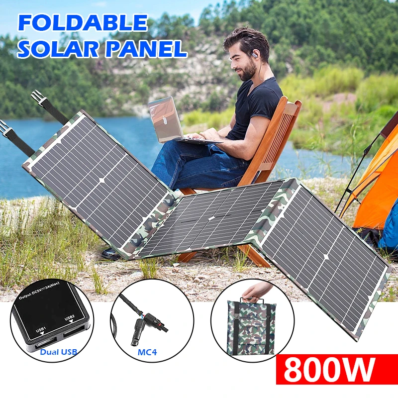 800W Foldable Solar Panel, Portable Camouflage Solar Charger with Dual USB & MC4 Output for Outdoor Camping, RV & Laptop