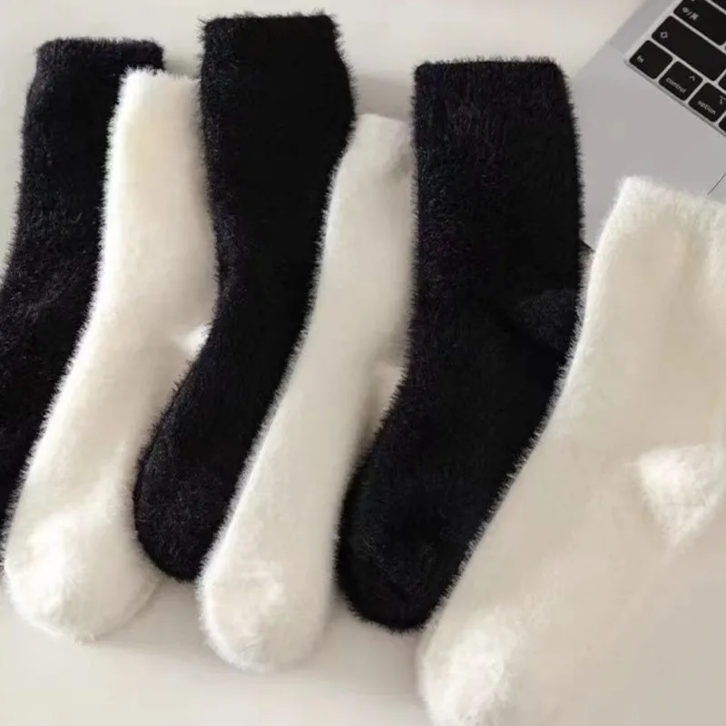 Women's Autumn Winter Socks Mid Tube Mink Velvet Extra Thick Black Postpartum Sleeping Solid Color Balck White Simple Funny Sock