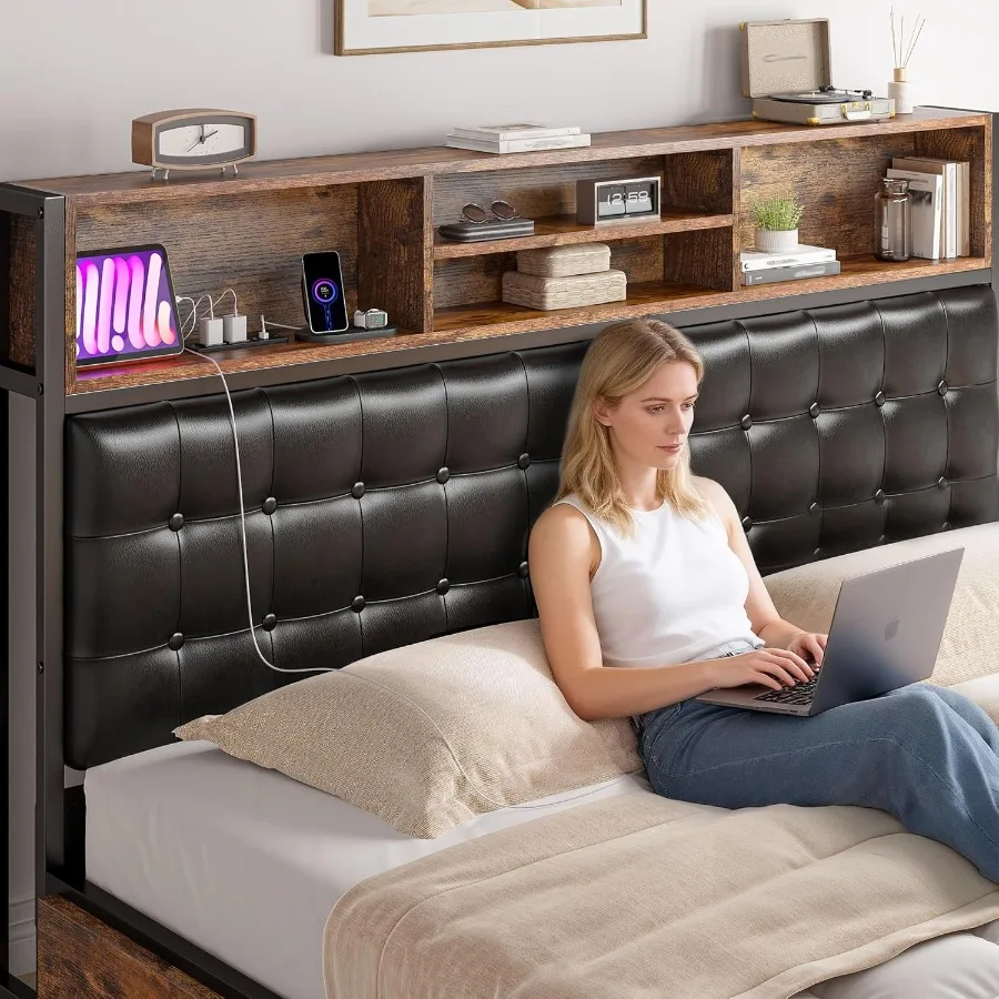 إطار سرير كوين مع 4 أدراج تخزين لغرف النوم الحديثة ولوح رأسي منجد بلمسة نهائية بنية عتيقة مدمجة في الشحن #4