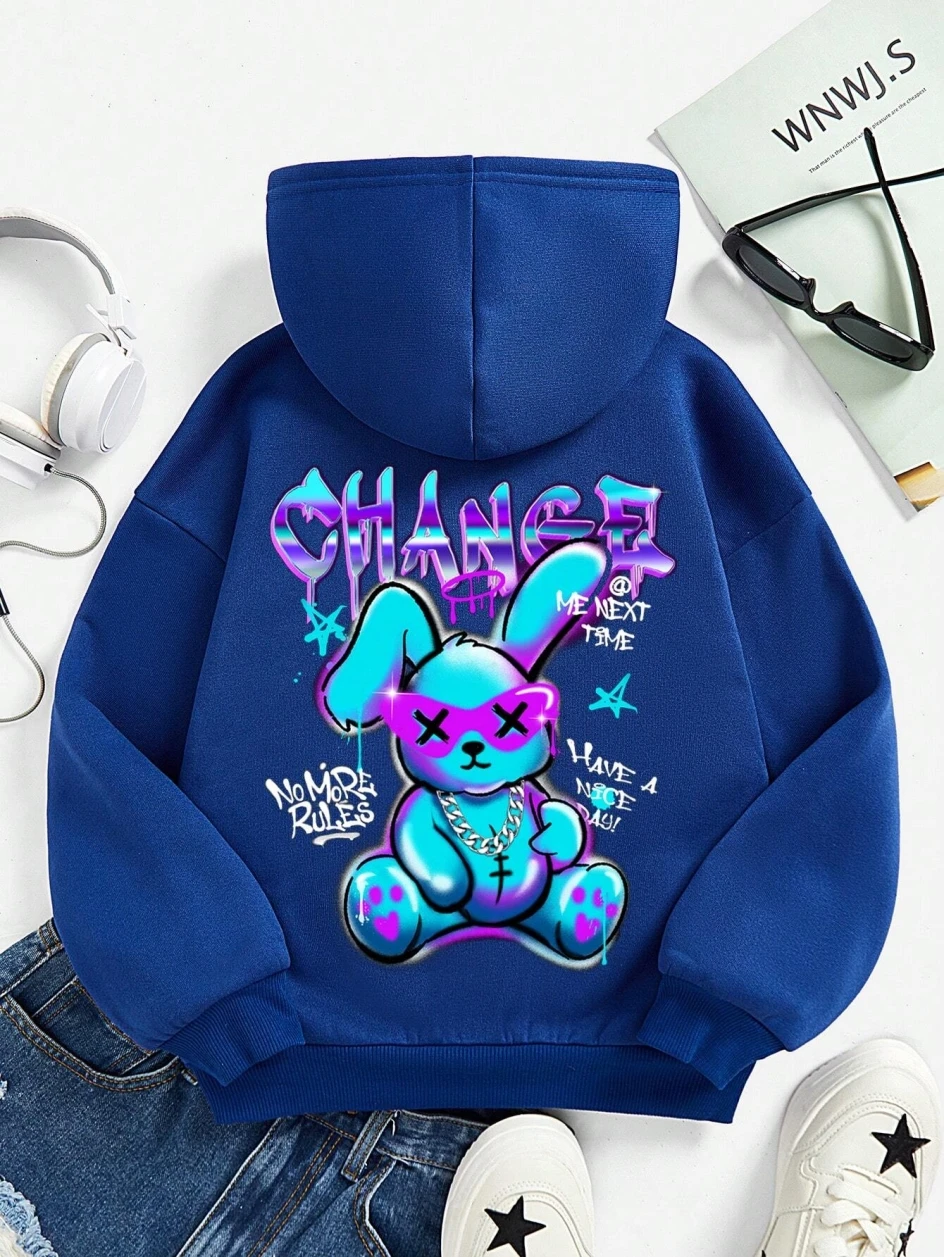 Trendy Rabbit Cartoons Print Sweatshirt Female Fashion All-Match Street Hoody Crewneck Casual Hoodies Pullover Oversize Clothing