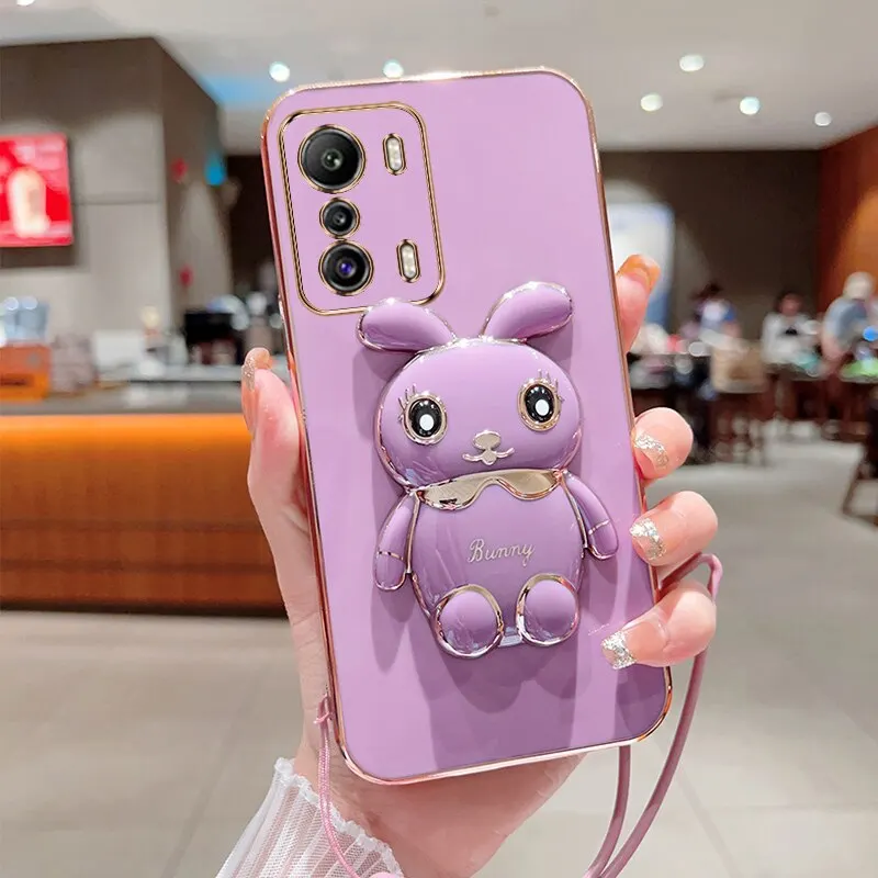 Phone Case For Infinix Tecno Zero X 5G Tecno ZeroX 5G Luxury Plating Square Rabbit Holder With Landyard Phone Case Cover