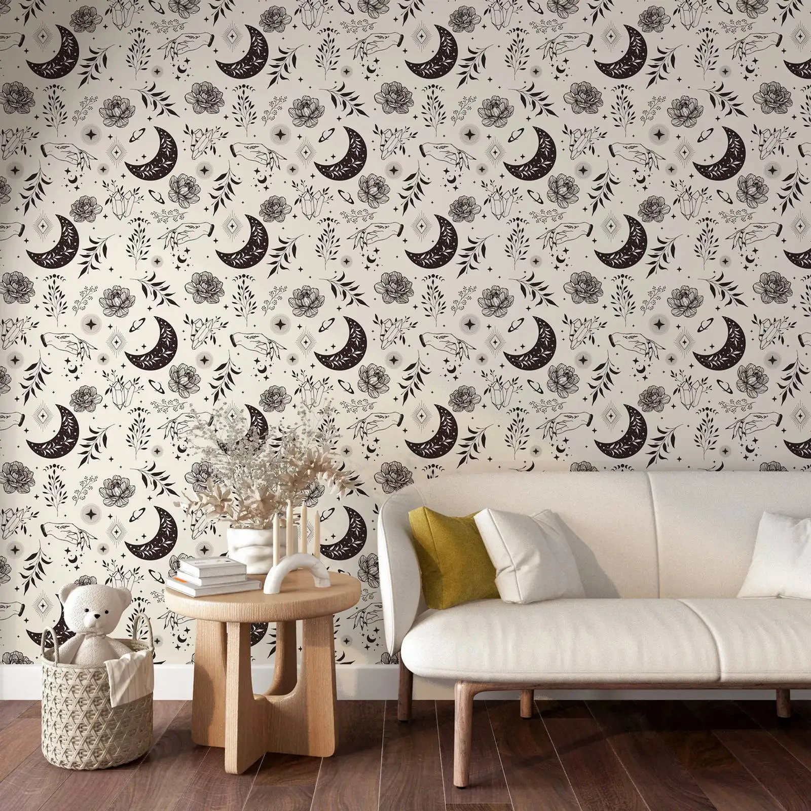 Light Boho Wallpaper Moons Leaves Peel and Stick, Black and White Boho Witchy Wall Mural Home Decor,Self-adhesive Or Traditional