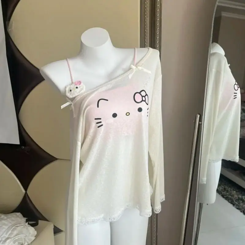 

Sanrio T Shirt 2Pcs Hello Kitty Sun Protection Long-Sleeved T-Shirt Girl Summer Clothing Cute Print Lace Bow Pullover Loose Thin
