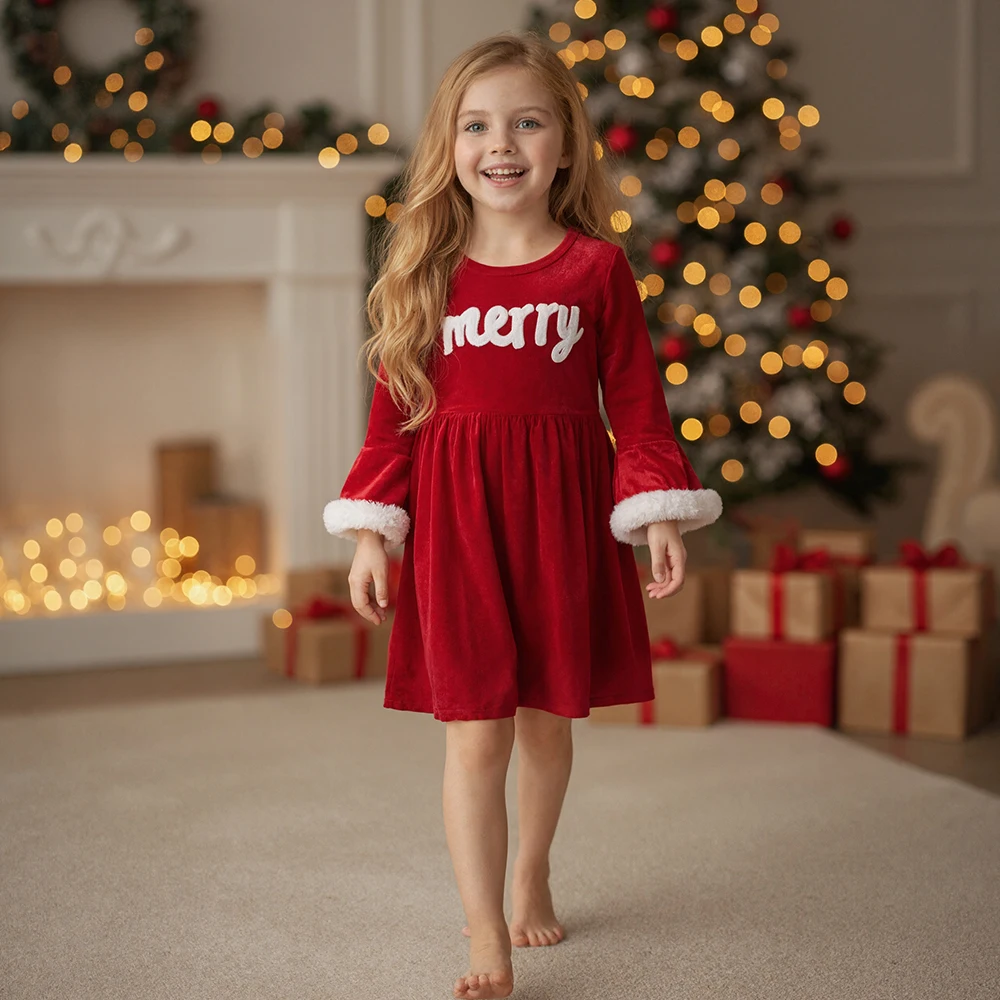 

Red Christmas Dress for Girls, Merry Letter Print Velvet Flare-Sleeve Knee-Length Dress, Winter Festive Dresses with Plush Cuffs