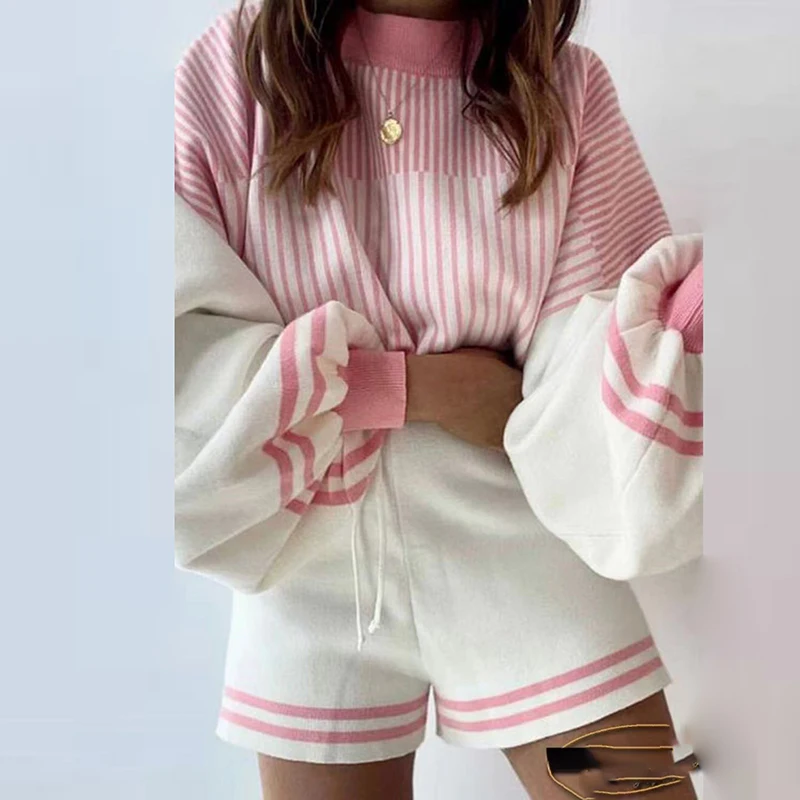 Casual Gradient Striped Women Sweater Set Winter O-Neck Long Sleeve Jumper Tops & Shorts Suit Fashion Knitted Loose 2pcs Outfit