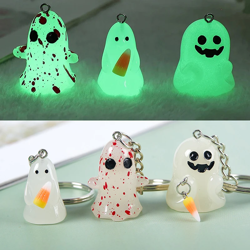 

Halloween Charms Resin Glow In Dark Keychain 3D Ghost With Corn Candy Pumpkin Keychain Pendant