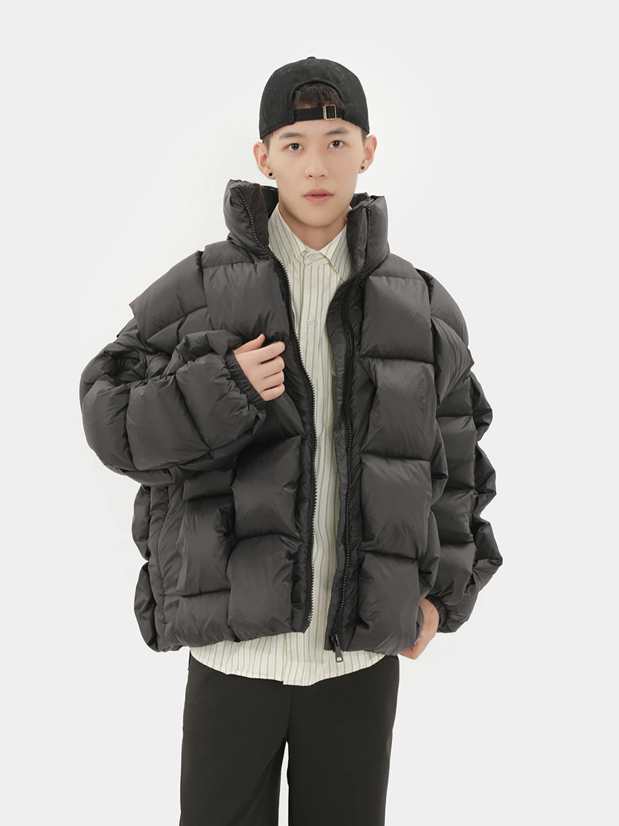 Fashion Weave Plaid Winter Puffer Coat Women Warm White Duck Down Jackets Thick Knitted Loose Couple Stand Collar Parkas for Men