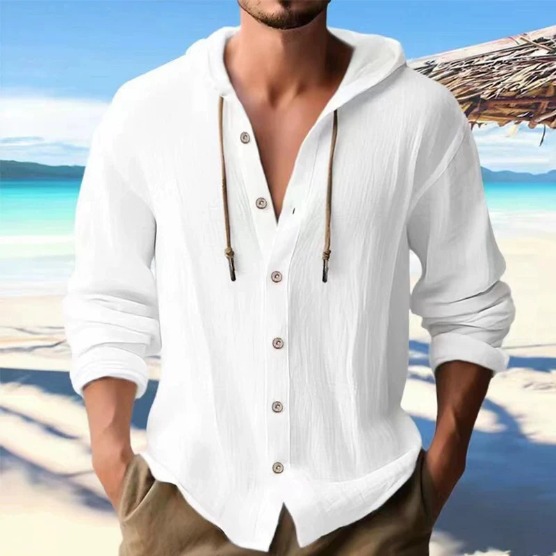 Men's Linen Shirt Solid Streetwear Long Sleeve Hoodie Cardigan Clothing For Men Button Tops Casual Loose Hooded
