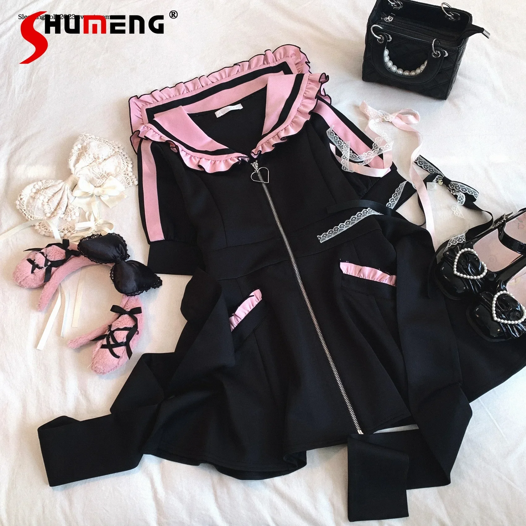 

Japanese Mine Series Mass-produced Sailor Collar Zipper Dress Set Women's Slim Fit Sweet Girls Dress and Shorts Two Peice Sets