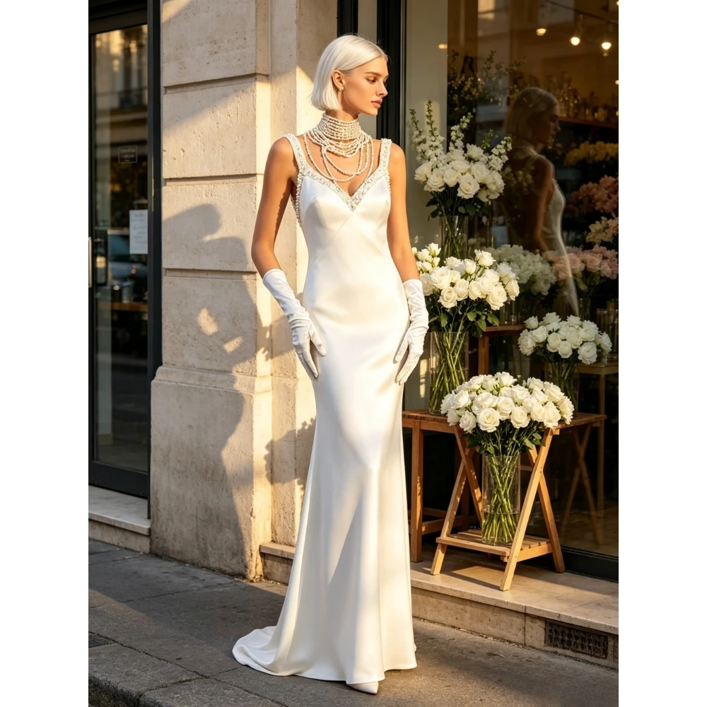 Customized Luxury Satin Backless Sleeveless V-neck Mermaid Wedding Dresses for 2026 New Elegant Slim Fit Camisole Bridal Gown