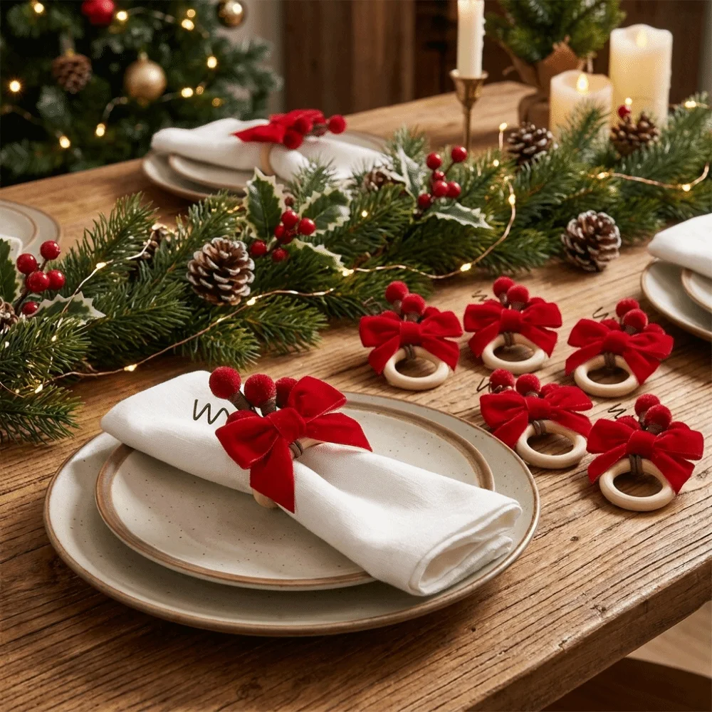 6PCS Fabric Craft Christmas Napkin Rings Pinecone Pine Needle Red Bow Napkin Rings Simulation Realistic