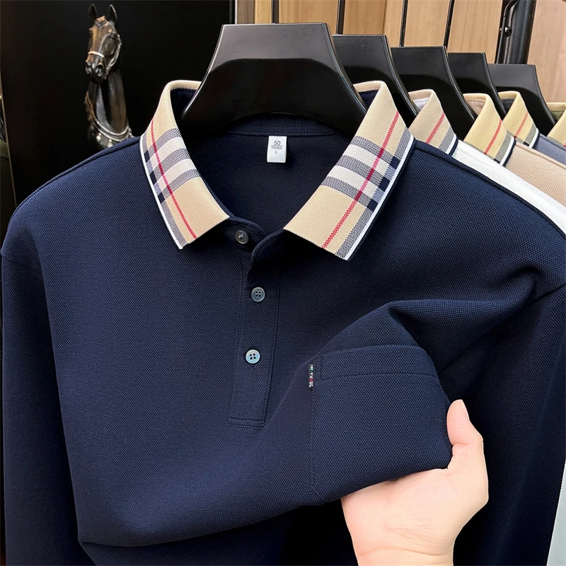 Men Long Sleeve Polo Shirt Plaid Collar Pocket Patch Button Regular Fit Casual Business Autumn Spring Breathable Polo Tops Men