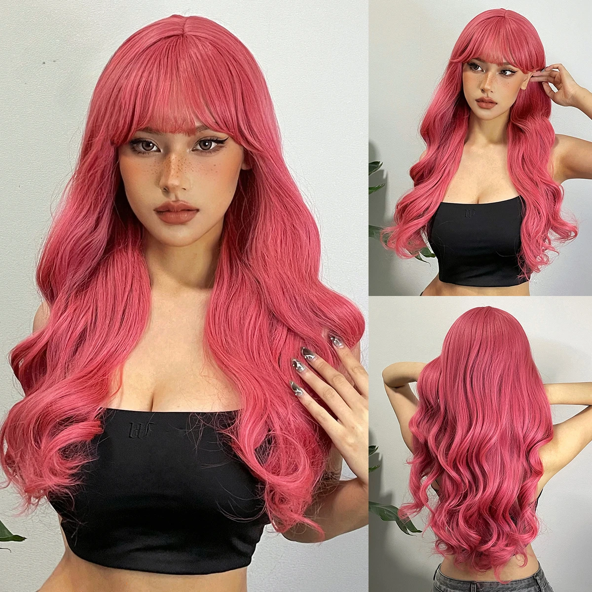 Wig Cosplay bergelombang panjang keriting merah muda sintetis untuk wanita gelombang air alami Halloween wig Lolita tahan panas