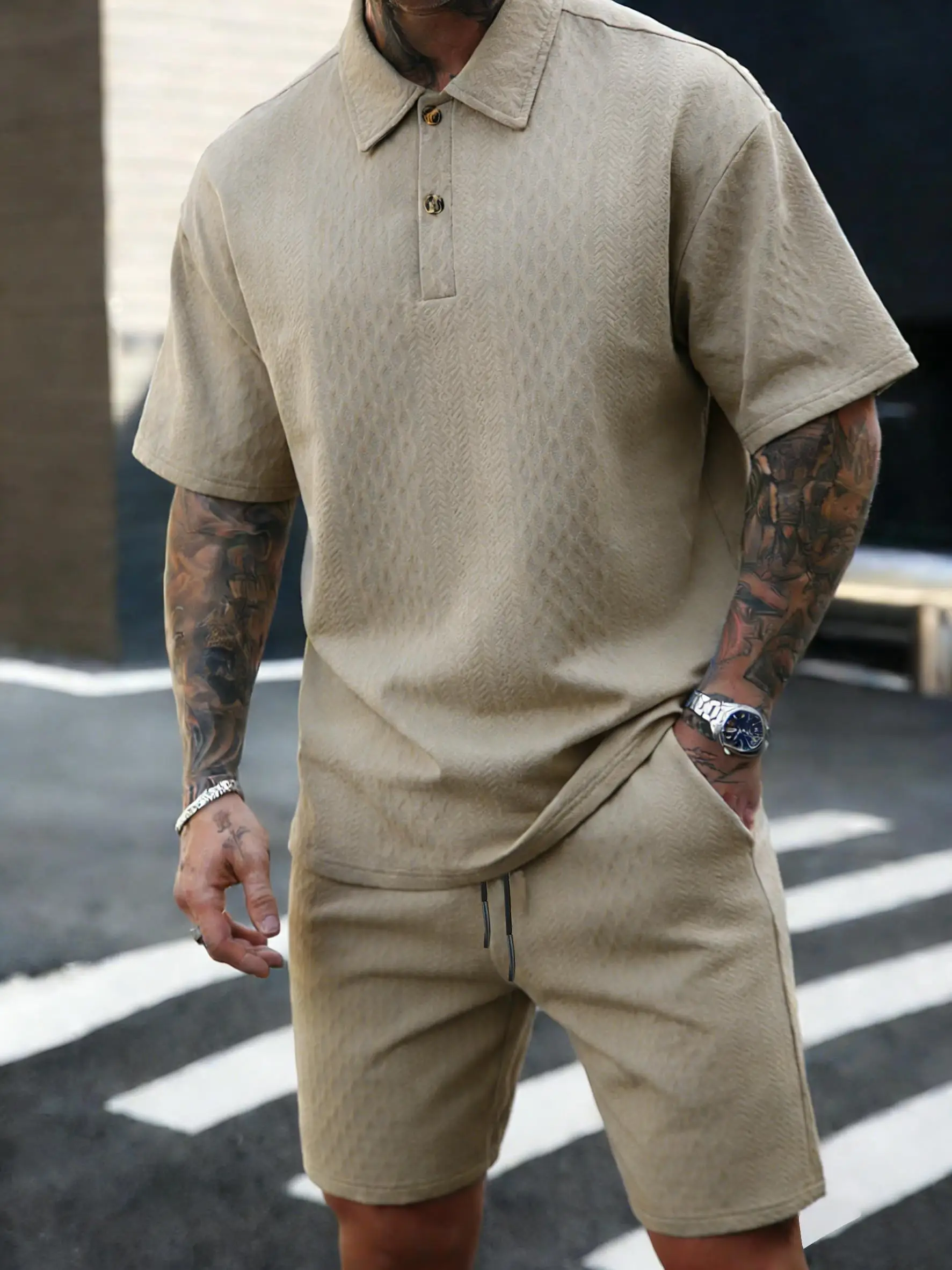 

Polo Shirts Vacation Solid Simple Man Casual Drawstring Short Sleeve Suit Jacquard Summer Clothing Unisex Fashion Loose Tee