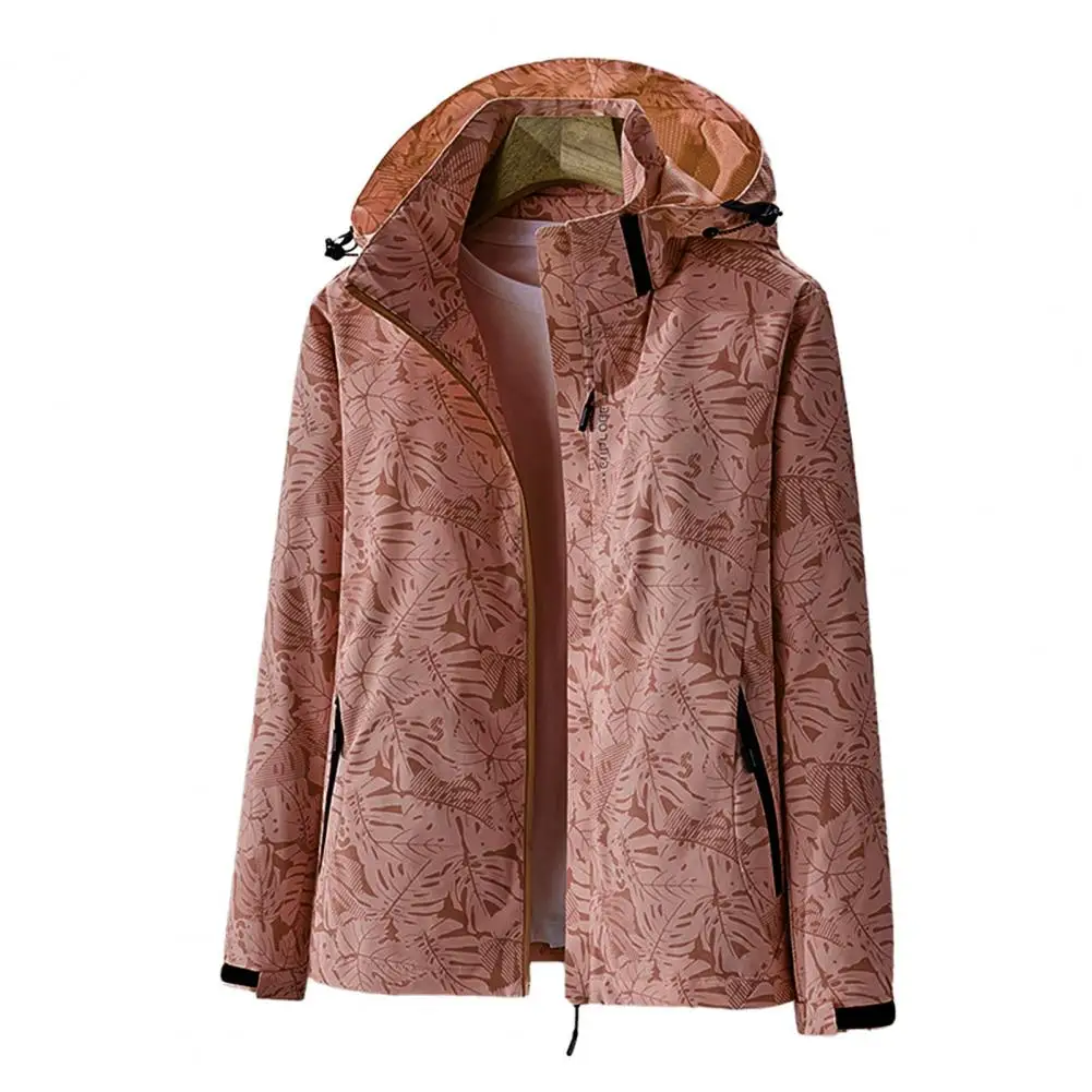 

Women Jacket Outdoor Windbreaker Leaf Print Single-layer Long Sleeve Hooded Zipper Pockets Zip Up Fall Spring Coat