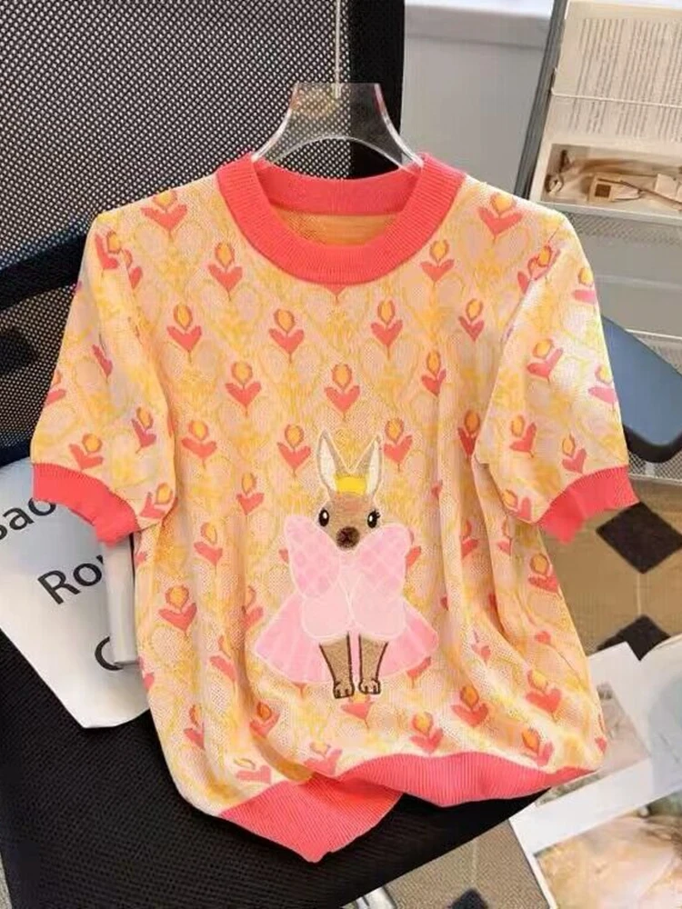 Women 2023 Spring Summer New Ice Thin Short-Sleeved Multicolour Sweater Tshirt Sweet Love Embroidered Rabbit Pullover Top Jumper