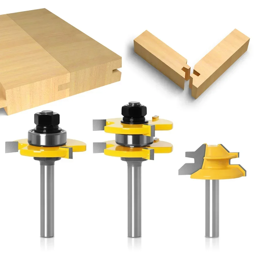 3 pc 8mm Shank high quality Tongue & Groove Joint Assembly Router Bit Set 45 Degree Lock Miter Rout3/4" Stock Wood Cutting Tool