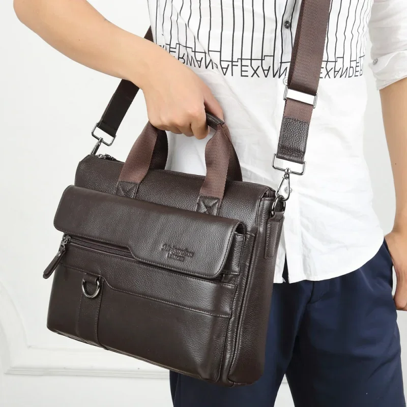 Maleta de couro genuíno vintage, bolsa de couro de negócios masculina, bolsa de grande capacidade masculina ombro mensageiro, sacola fashion