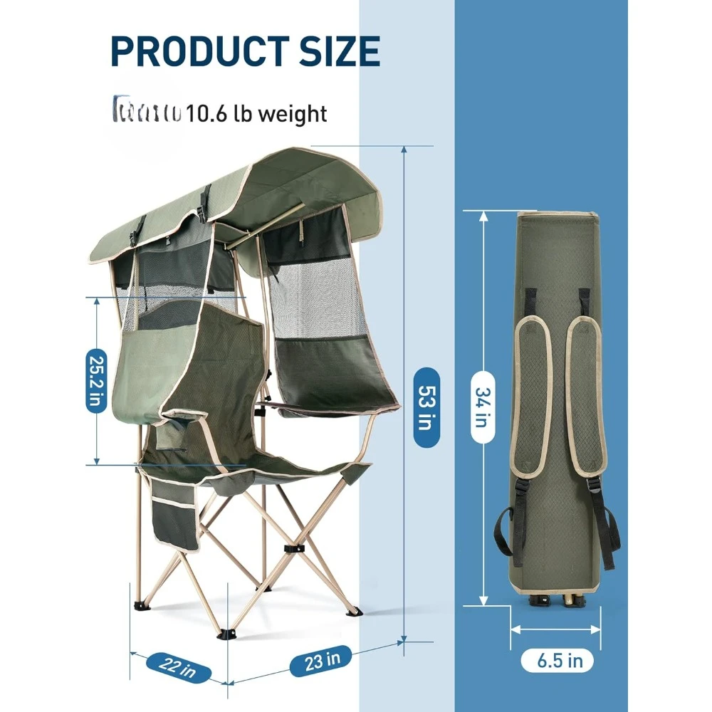 Canopy Chair for Outdoors Sports with Cup Holder, Side Pocket for Camp, Beach, Tailgates, Fishing - Support 330 LBS