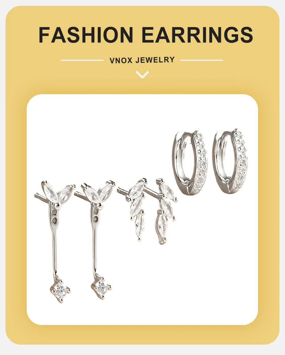 Vnox Luxus 3 Paar Geometrische Creolen-Sets für Damen Silberfarbene Zirkon-Ohrhänger Hypoallergener Schmuck für den Alltag – Detail 1