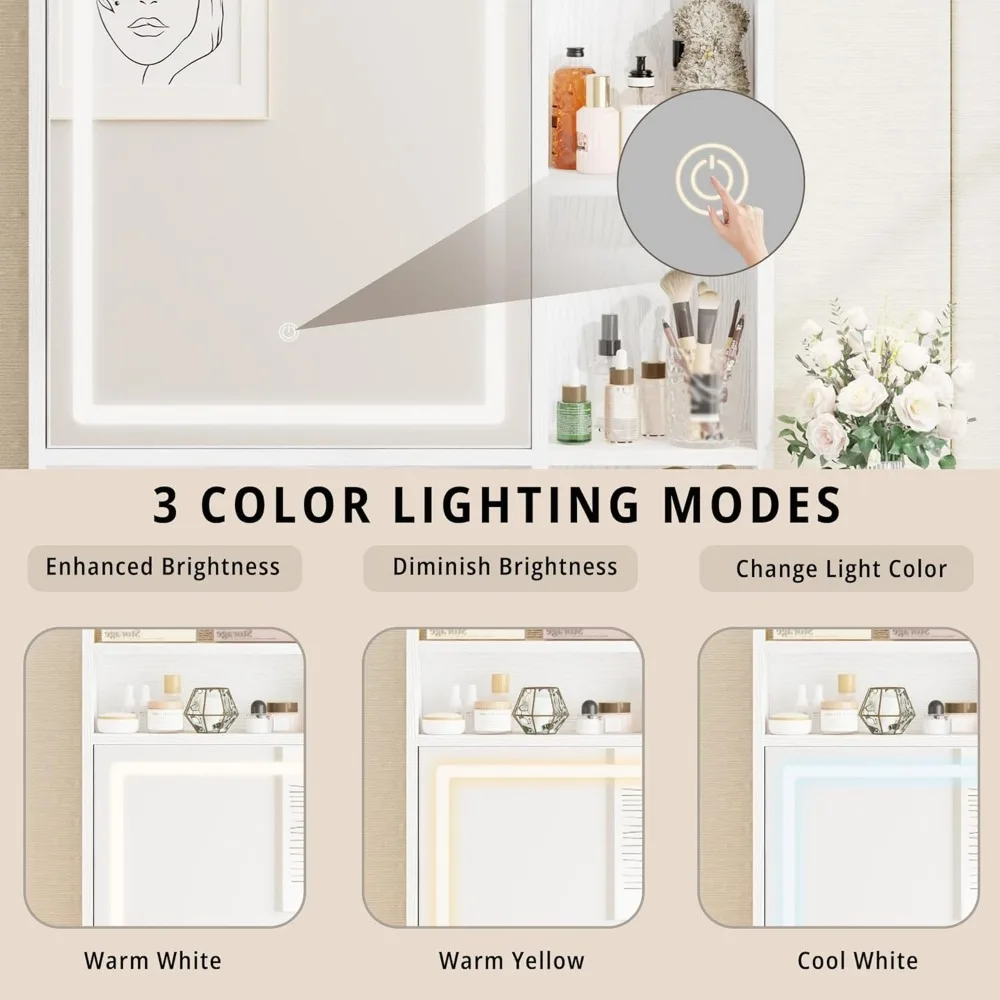 مكتب فانيتي مع مرآة وأضواء LED، خزانة مجوهرات، مجموعة طاولة تزيين المكياج مع أدراج، أرفف تخزين، لغرفة النوم، #3