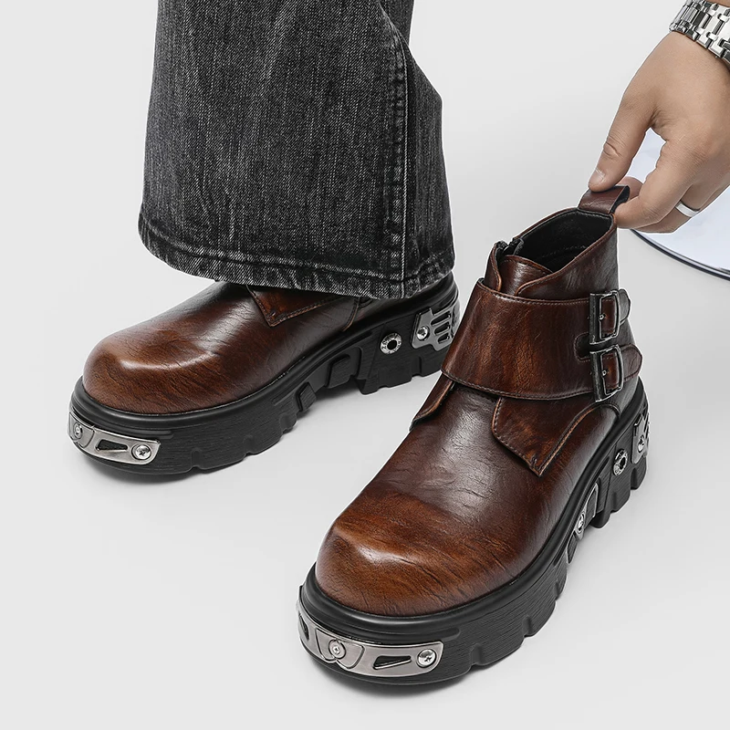 American Retro Rock Men Short Boots Silver-brown Color Men High-top Punk-style Thick-soled Anti-slip Boots Training Boots