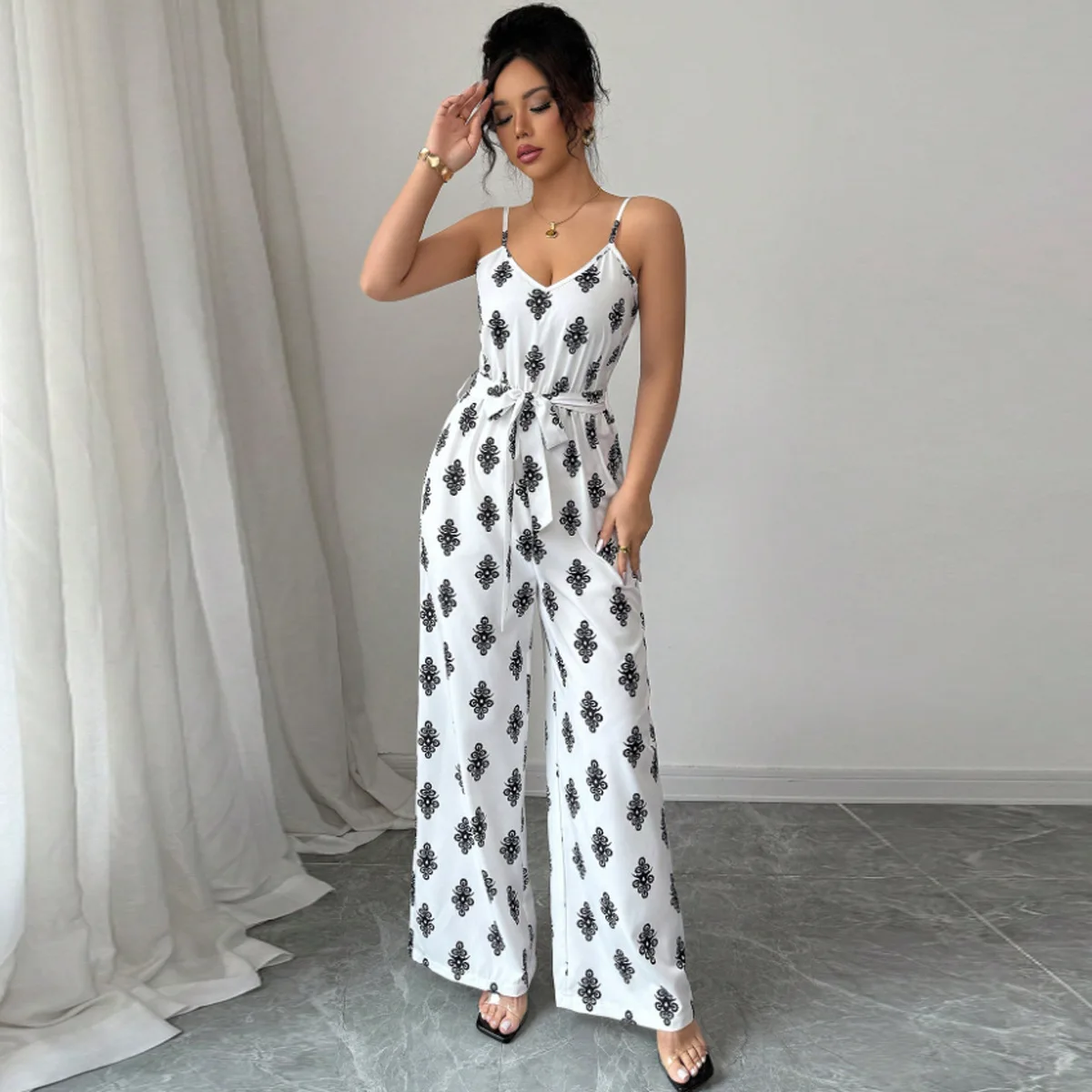 

Spring and Autumn Fashion Versatile Charming Fitted Backless Black and White Printed Women's Casual Straight-Leg Jumpsuit