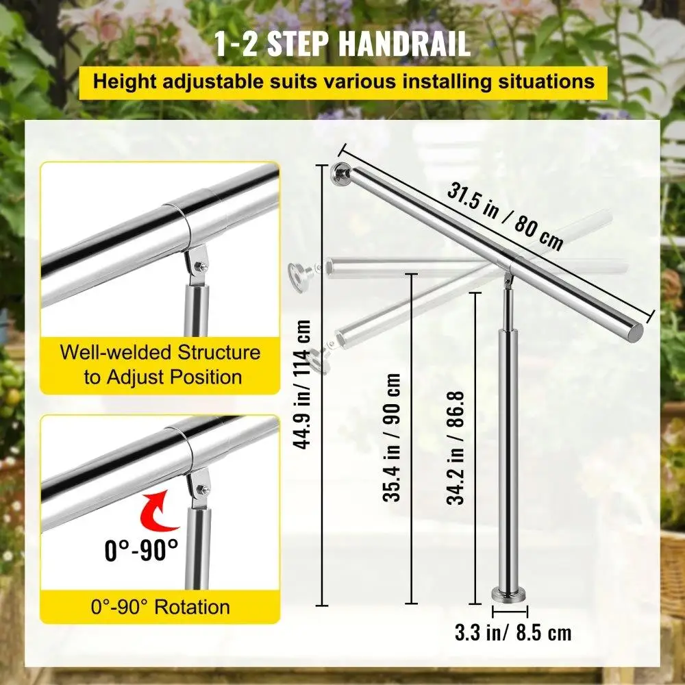 ปรับ 304 สแตนเลสสตีลขั้นตอน Handrail สําหรับในร่มและกลางแจ้งบันได,31.5x35.4 นิ้วราวโลหะเงิน