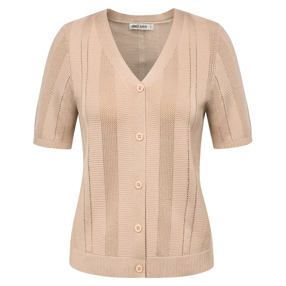 GK Women Hollowed-out Textured Cardigan Short Sleeve V-Neck Button-up Sweater