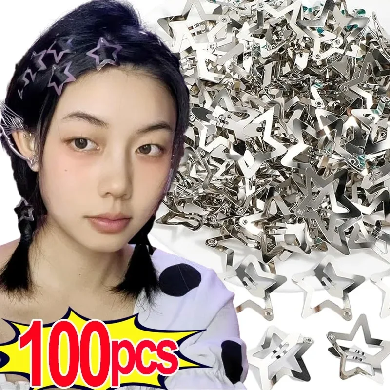 10/100pcs Y2K Silver Star Hair Clips Girls Filigree Star Metal Snap Clip Hairpins Barrettes Hair Jewelry Nickle Free Bobby Pin