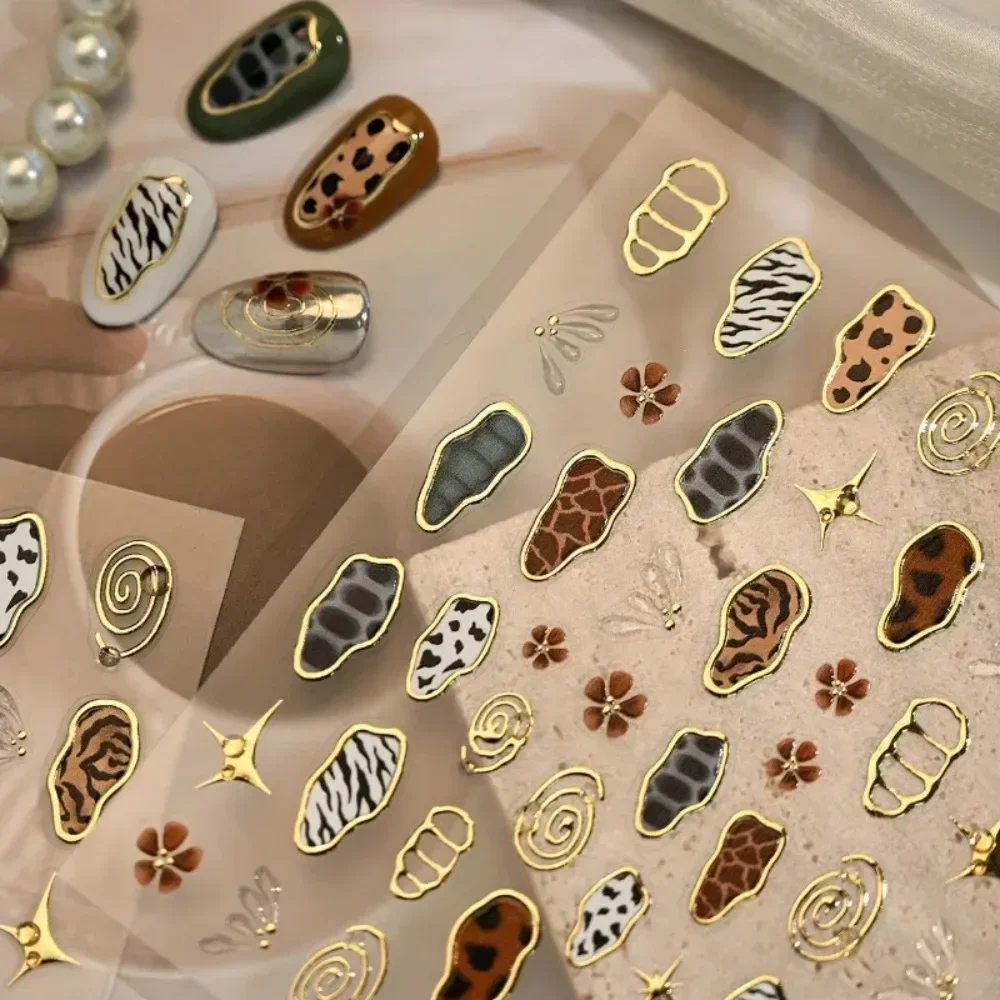 

Leopard Print Zebra Stripe Cow Print Flower Golden Spiral Pattern Starburst Stamping Adhesive Nail Art Stickers Manicure Decals