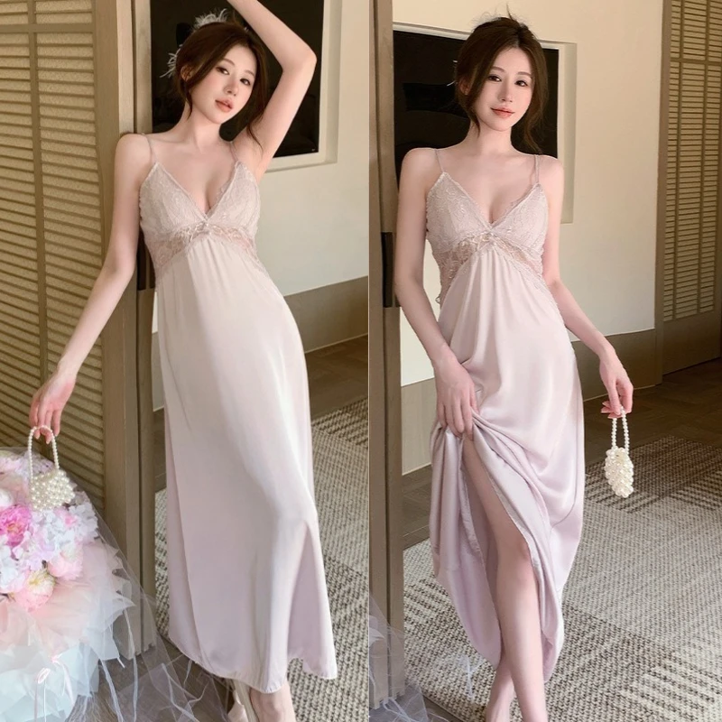 

Сексуальная ночная сорочка на бретельках, женская кружевная ночнушка, халат, летняя шелковистая атласная ночная одежда, домашняя одежда, пеньюар, нижнее белье