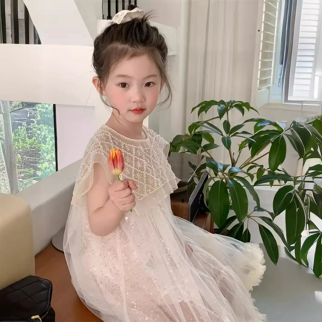 

Girl's Sweet Dress Pearl Shawl Mesh Dress Little Girl Korean Style Sequin Princess Dress Kids Clothes Girls Baby Girl
