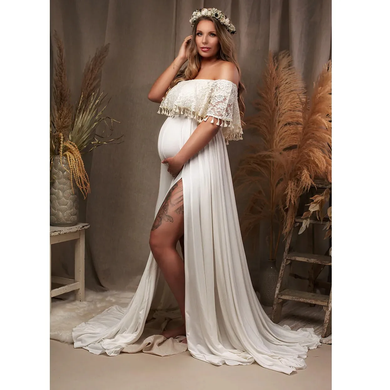 Bianco Slash Neck nappa maternità Baby Shower abiti Vintage Premama Beach Boho fotografia puntelli abito lungo Maxi abito incinta