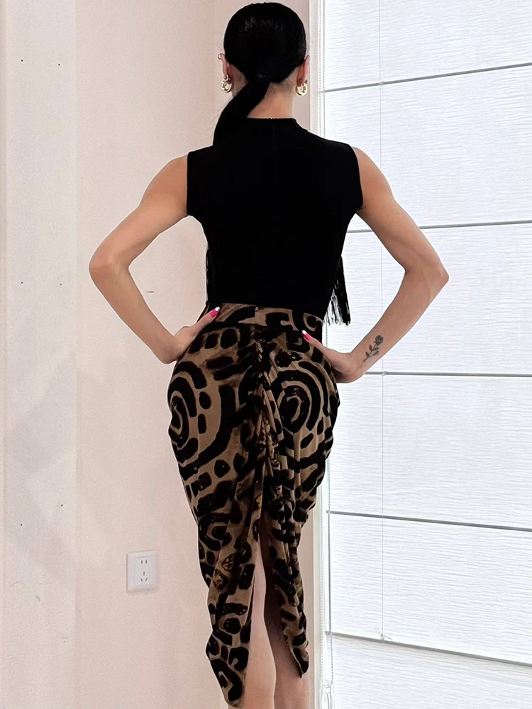 Frauen Latin Dance Anzug Leopard Ärmelloses Top Unregelmäßigen Rock Erwachsene Dance Performance Kostüm Rumba Tanzen Bühne Outfit VBH2442