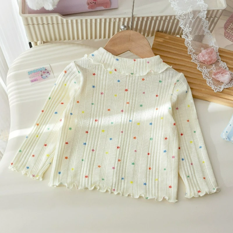 Korean Style Girls Long Sleeve T-shirt  Cute Star Print Autumn Polo Shirt  Baby Girl Top with Ruffle Trim