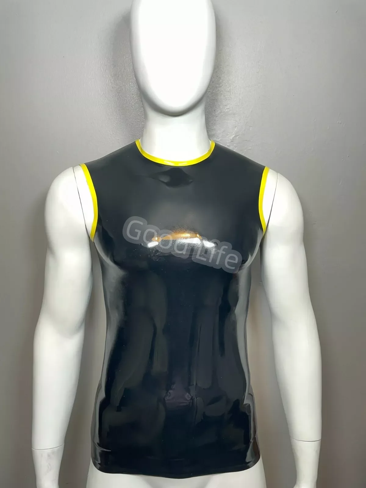 

Natural Latex Men Comfortable T-Shirt Men's Rubber Sleeveless Polo Shirt With Trims Male Corp Top Sexy Bodysuit