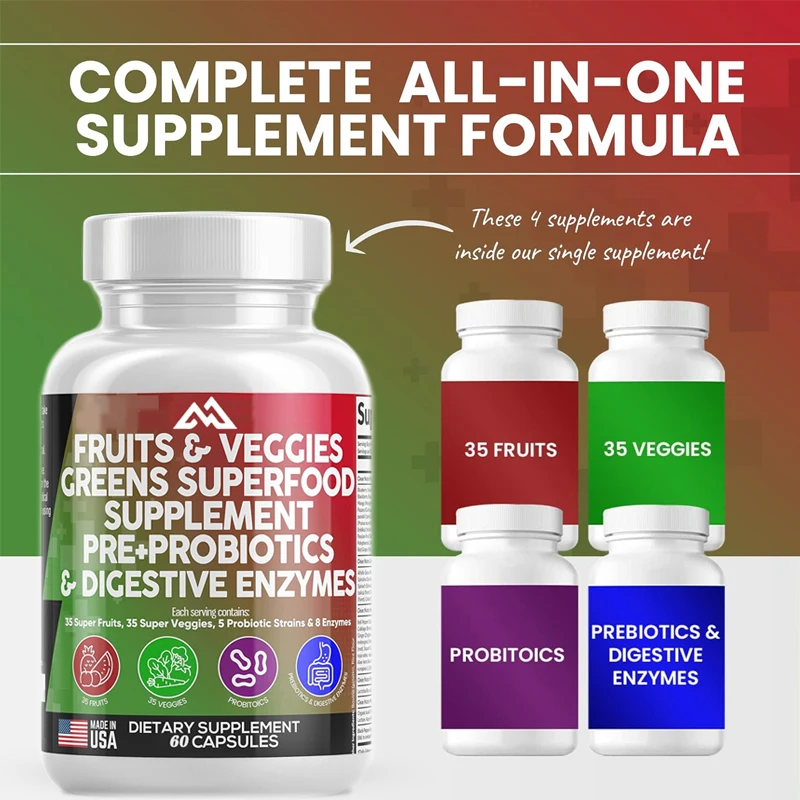 

More than 70 fruit and vegetable supplement capsules with probiotics, prebiotics, digestive enzymes, and natural spirulina