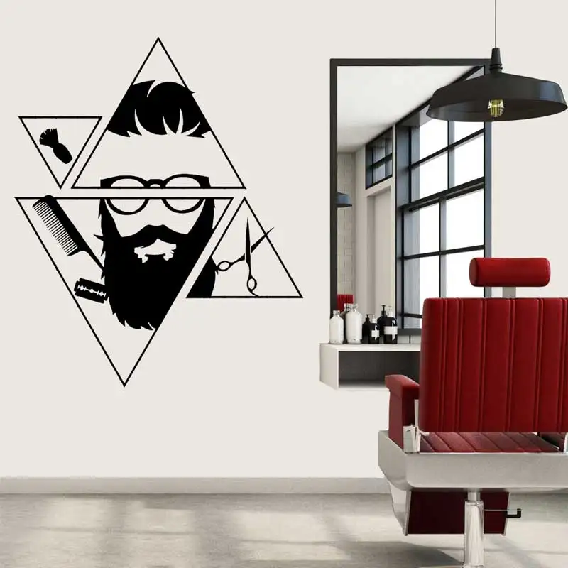 Geometric Men's Barbershop Vinyl Wall Sticker Hairdresser Mustache Modern Stylish Art Salon  Window Art Decoration Vinyl Decal