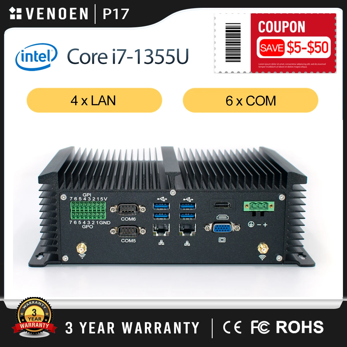 VENOEN Core i7-1355U промышленный мини-ПК без вентилятора HDMI VGA Intel i211 i255V LAN 6 x COM RS485/RS422 GPIO прочный компьютер VENOEN Core i7-1355U промышленный мини-ПК без вентилятора HDMI VGA Intel i211 i255V LAN 6 x COM RS485/RS422 GPIO прочный компьютер