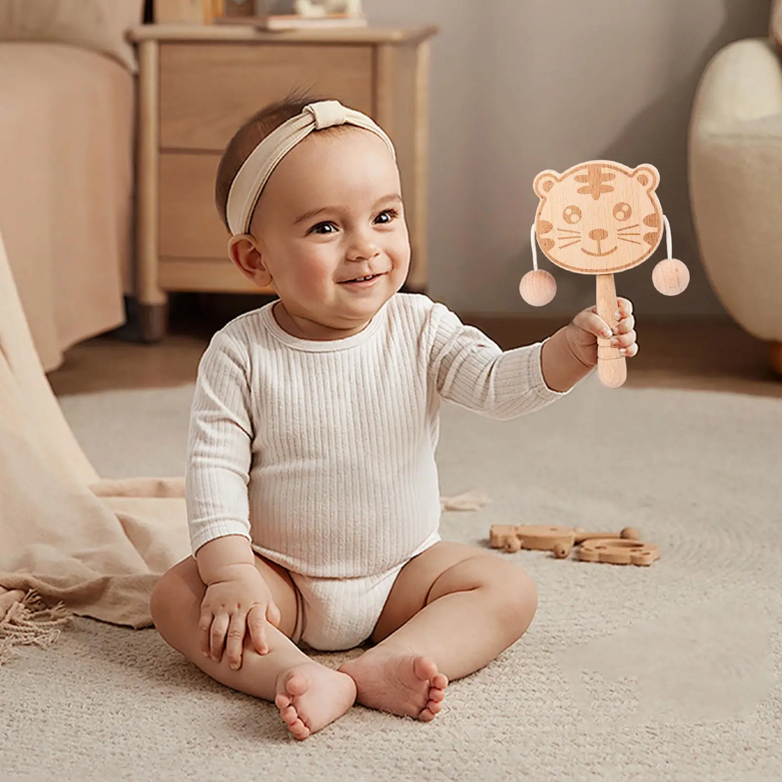 Hochet en bois en forme de tigre pour bébé, tambour à secousses Double face interactif, facile à saisir, pour le suivi visuel des compétences motrices