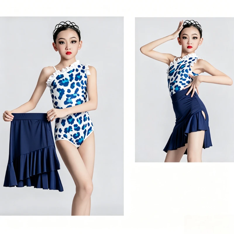 THEEPER Latin Dance Costume Girls, 2-Piece Set Blue Leopard Print Ruffle Leotard Irregular Hem Skirt Latin Dance Dresses Kids - view 4