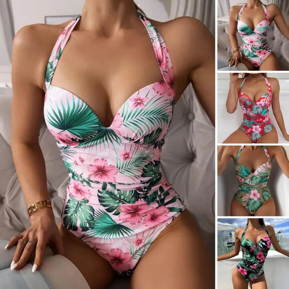 Bañador de una pieza con estampado Floral para mujer, Monokini Sexy con cuello Halter y espalda descubierta, traje de baño ajustado de secado rápido, ropa de playa