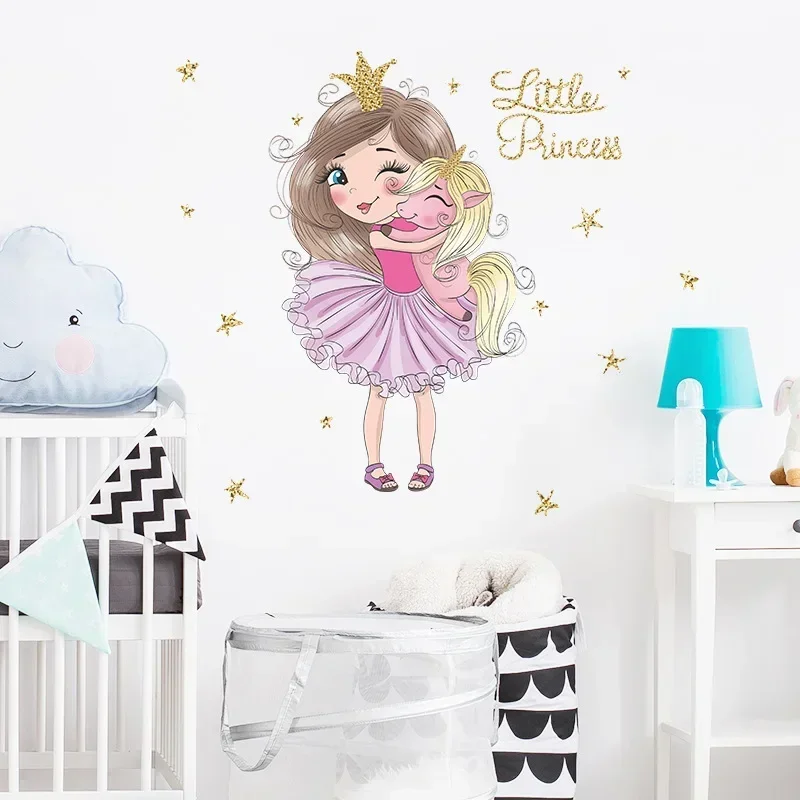 Hoạt Hình Công Chúa Nhỏ Và Kỳ Lân Dán Tường Vinyl Tranh Trang Trí Tường Đề Can Mầm Non Bức Tranh Tường Poster Bé Gái Trang Trí Phòng Ngủ